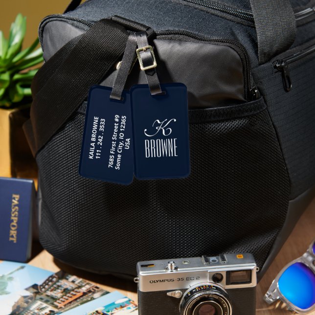 Monogramm | Personalisierter Navy Blue Design | Gepäckanhänger (Vorderseite & Rückseite)