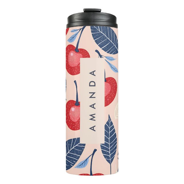 Monogramm-Personalisiertes Cherry-Leaf-Muster Thermosbecher (Vorderseite)