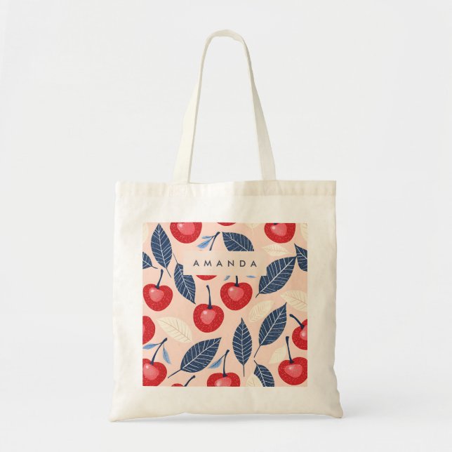 Monogramm-Personalisiertes Cherry-Leaf-Muster Tragetasche (Vorne)