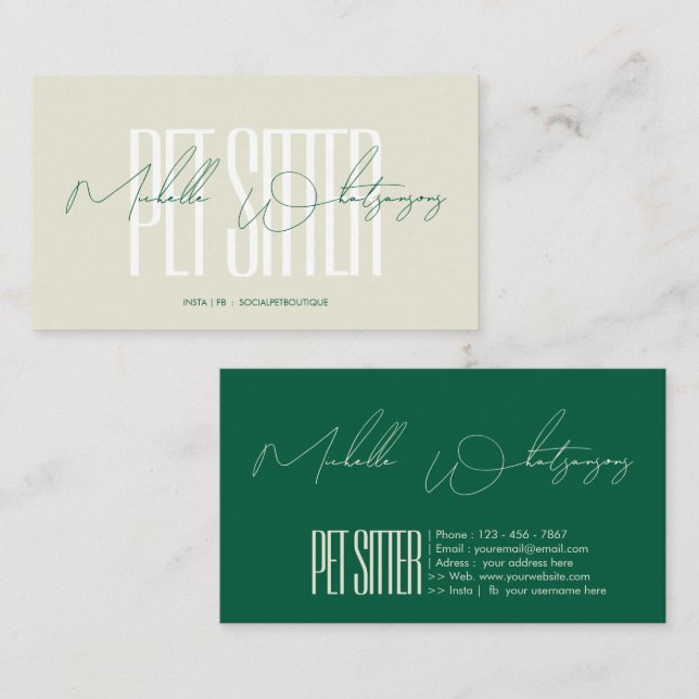 Monogramm PET SITTER moderne Schrift Visitenkarte (Vorne/Hinten)