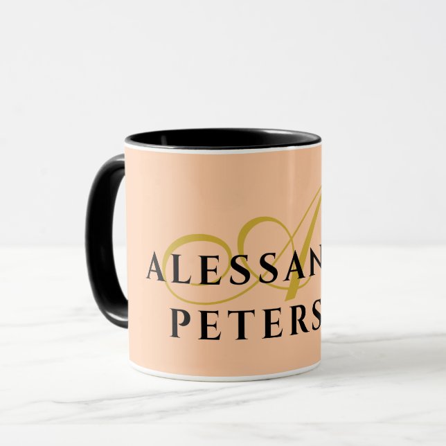 Monogramm Pfirsich Gold Schwarz Name Minimalistisc Tasse (Vorderseite Links)