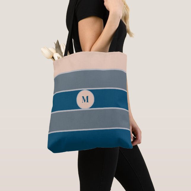 Monogramm Pfirsich Grau Blau Gestreift Modern Chic (Von Nahem)