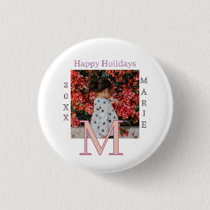 MONOGRAMM PFIRSICH GRAU NAME FOTO JAHR WEIHNACHTEN BUTTON