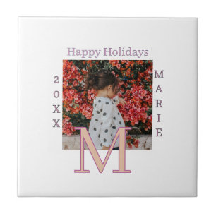 MONOGRAMM PFIRSICH GRAU NAME FOTO JAHR WEIHNACHTEN FLIESE