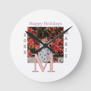 MONOGRAMM PFIRSICH GRAU NAME FOTO JAHR WEIHNACHTEN RUNDE WANDUHR