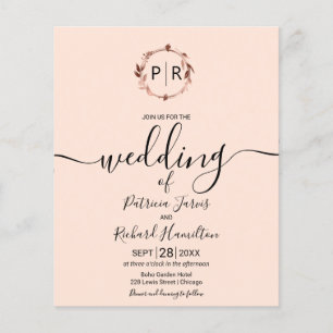 Monogramm Pfirsich-Rosa Budget-Hochzeitseinladung