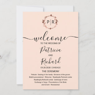 Monogramm Pfirsich Rosen Goldfolie Hochzeitsprogra Einladung