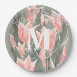 Monogramm-Pfirsichfarben mit elegantem Familiennam Pappteller