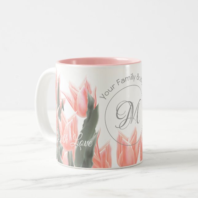 Monogramm-Pfirsichfarben mit elegantem Familiennam Zweifarbige Tasse (Vorderseite Links)