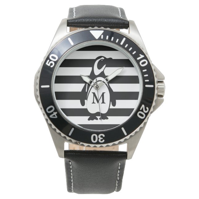 Monogramm Pinguin Black and White Stripes Modern Armbanduhr (Vorderseite)