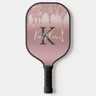 Monogramm Pink Blush Roségold tropfender Glitter Pickleball Schläger