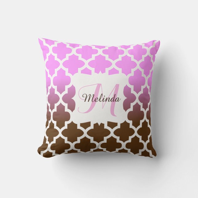 Monogramm-Pink-Braun-Blend-Quatrefolienmuster Kissen (Vorderseite)