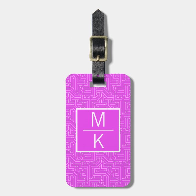 Monogramm Pink Circuit Square Splitter Gepäckanhänger (Vorderseite vertikal)