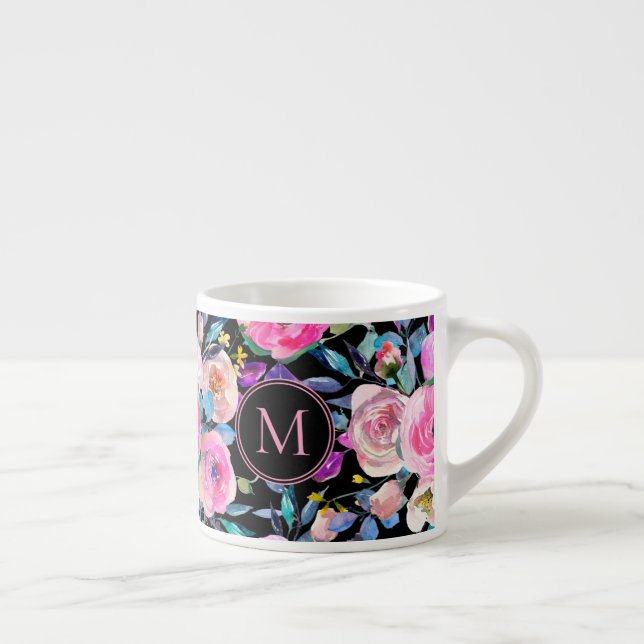 Monogramm Pink Floral Espressotasse (Rechts)