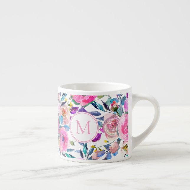 Monogramm Pink Floral Espressotasse (Rechts)
