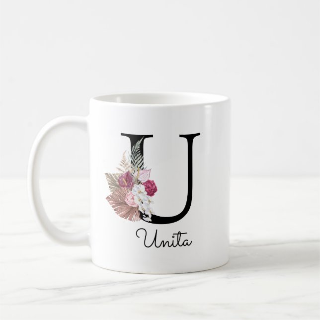 Monogramm Pink Floral Initial U Kaffeetasse (Links)