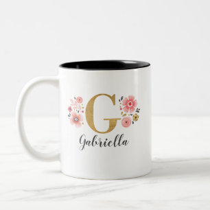 Monogramm Pink Floral Letter G Zweifarbige Tasse