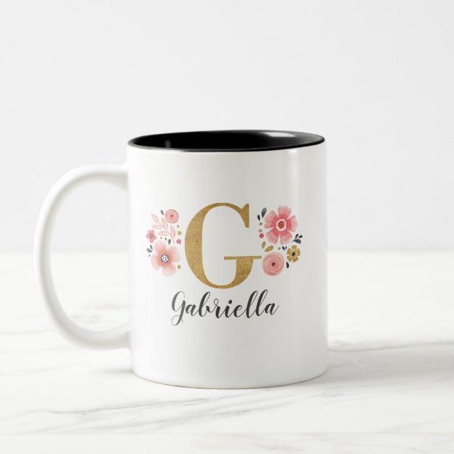 Monogramm Pink Floral Letter G Zweifarbige Tasse (Links)
