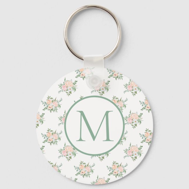 Monogramm Pink Floral Schlüsselanhänger (Vorderseite)