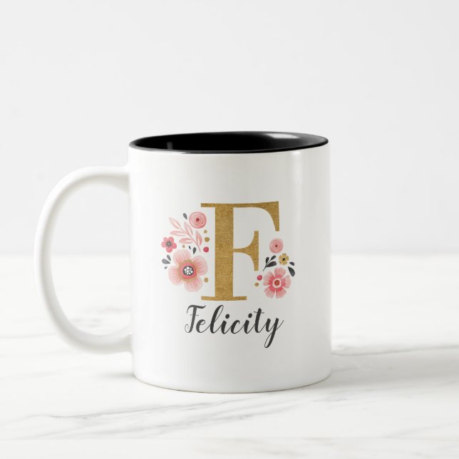 Monogramm Pink Floral Zweifarbige Tasse (Links)
