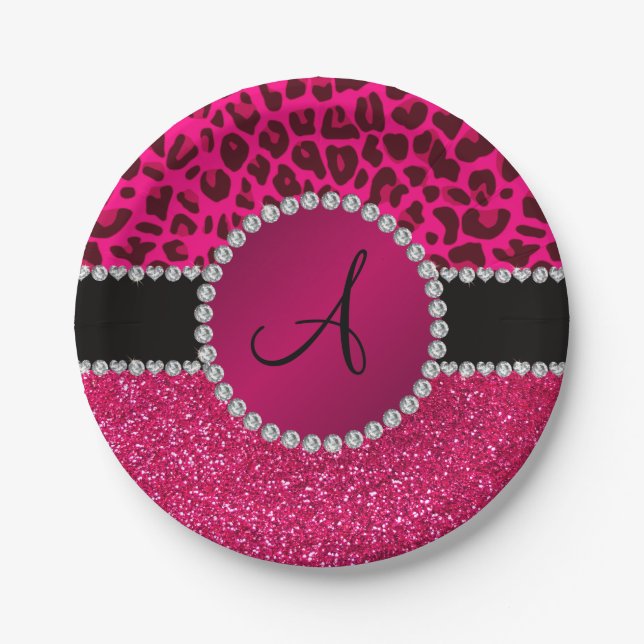Monogramm Pink Glitzer Nebel Hot-Rosa Leopard Pappteller (Vorderseite)