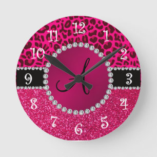 Monogramm Pink Glitzer Nebel Hot-Rosa Leopard Runde Wanduhr