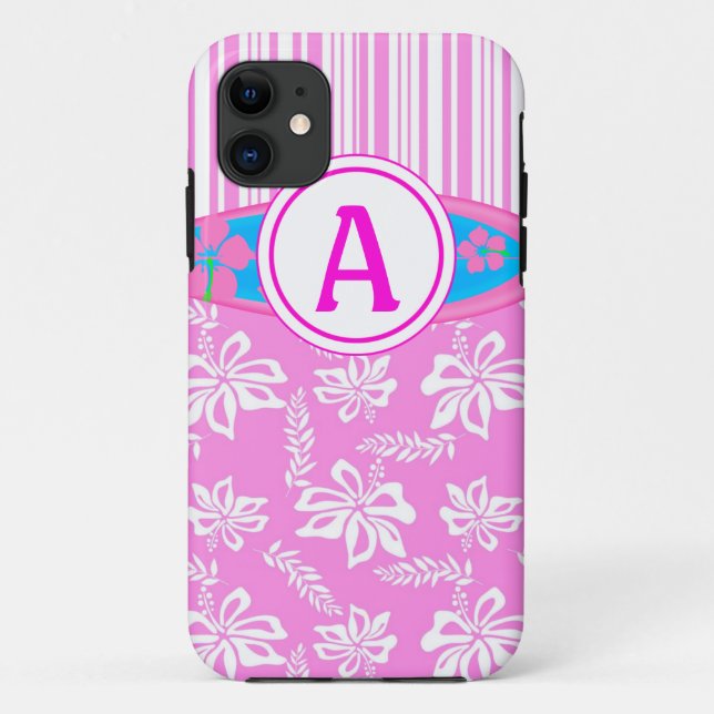 Monogramm Pink Hibiscis und Surfboard iPhone 5 Fal Case-Mate iPhone Hülle (Rückseite)