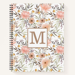 Monogramm Pink Peach Olive Brown Floral Muster Notizbuch