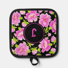 Monogramm Pink Peony Floral Ofenhandschuh & Topflappen-Set