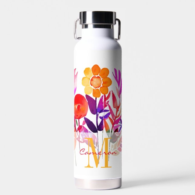Monogramm Pink Personalisierte Blume Trinkflasche (Vorne)