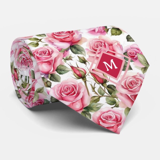 Monogramm Pink Roses Floral Blume Krawatte (Gerollt)