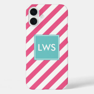 Monogramm Pink und Aqua Diagonal Streifen iPhone 16 Plus Hülle