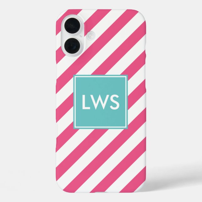Monogramm Pink und Aqua Diagonal Streifen Case-Mate iPhone Hülle (Rückseite)