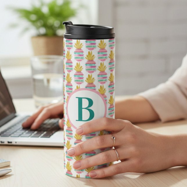 Monogramm Pink und Gold Glitzer Ananas Thermal Thermosbecher (Von Creator hochgeladen)
