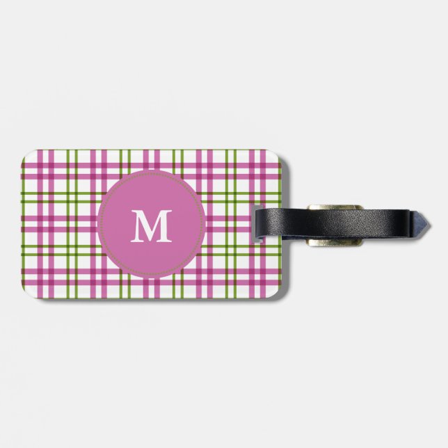 Monogramm Pink und grünes Tartan-Muster Gepäckanhänger (Rückseite horizontal)