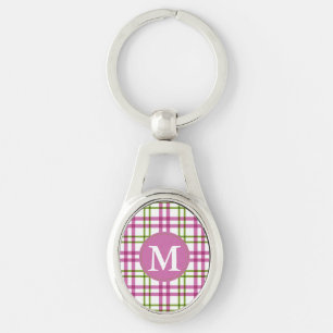 Monogramm Pink und grünes Tartan-Muster Schlüsselanhänger
