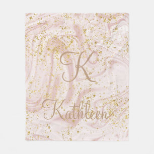 Monogramm Pink und White Marble Wirbel Gold Glitte Fleecedecke