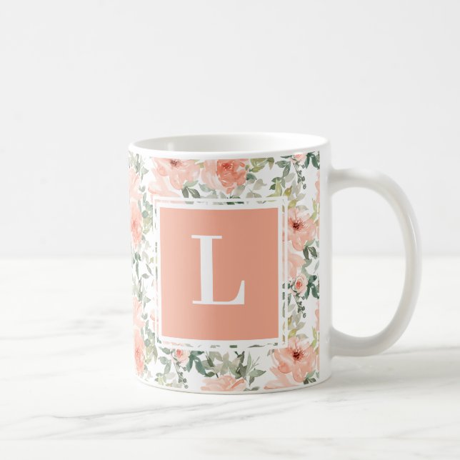 Monogramm Pink Vintag Floral Rose Kaffeetasse (Rechts)