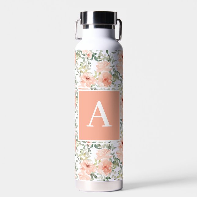 Monogramm Pink Vintag Floral Rose Trinkflasche (Vorne)