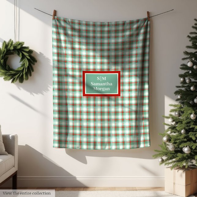 Monogramm Plaid-Decke Rot Grün Weihnachts Chic Fleecedecke (Monogram Plaid Blanket Red Green Christmas Chic)