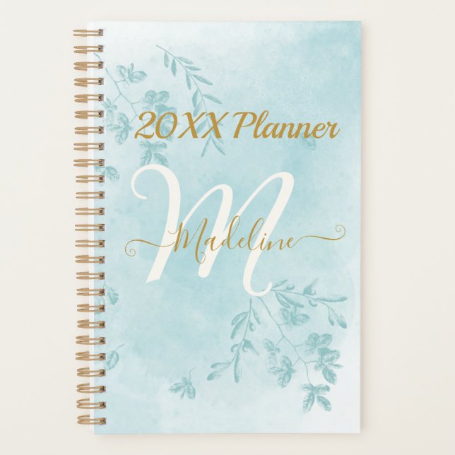 Monogramm-Planer für Aquarellblau-Blätter Planer (Vorderseite)