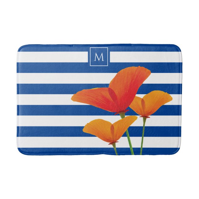 Monogramm Poppy Chic Blue Streifen Badematte (Vorderseite)