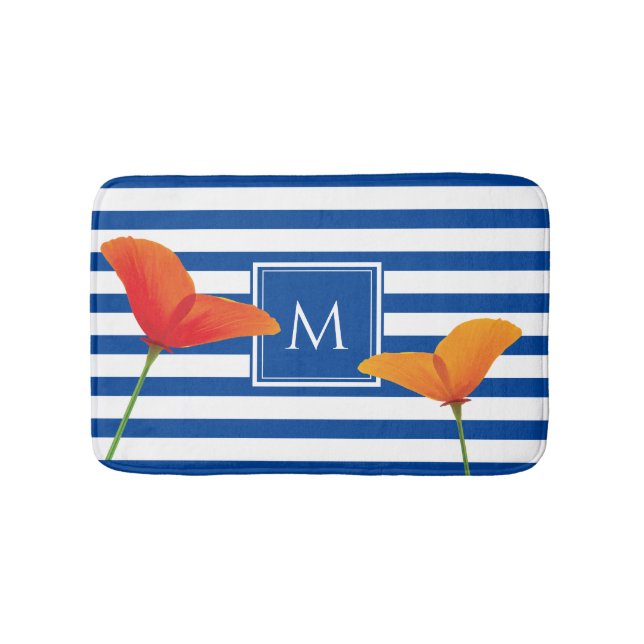 Monogramm Poppy Chic Blue Streifen Badematte (Vorderseite)