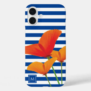 Monogramm Poppy Chic Blue Streifen iPhone 16 Plus Hülle