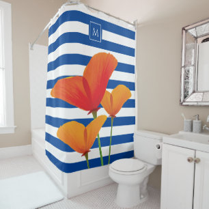 Monogramm Poppy Chic Blue Streifen Duschvorhang