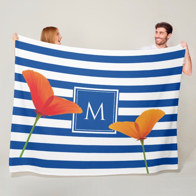 Monogramm Poppy Chic Blue Streifen Fleecedecke (Beispiel)