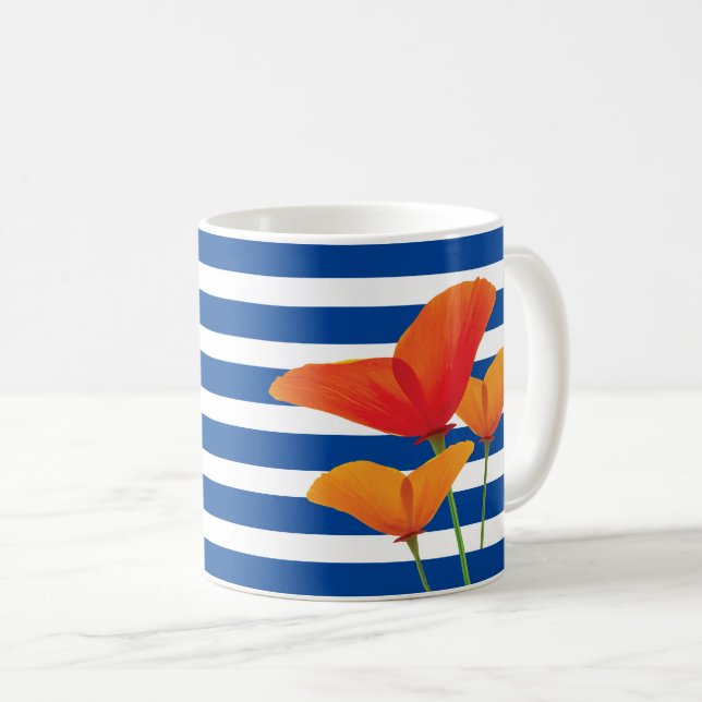 Monogramm Poppy Chic Blue Streifen Kaffeetasse (VorderseiteRechts)