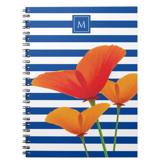 Monogramm Poppy Chic Blue Streifen Notizblock (Vorderseite)