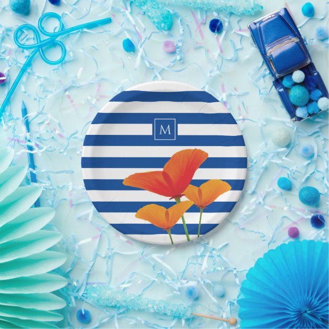 Monogramm Poppy Chic Blue Streifen Pappteller (Party)