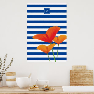 Monogramm Poppy Chic Blue Streifen Poster